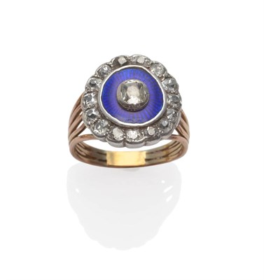 Lot 248 - A Mourning Ring, an old cut diamond centres a blue enamel frame, with an outer border of...