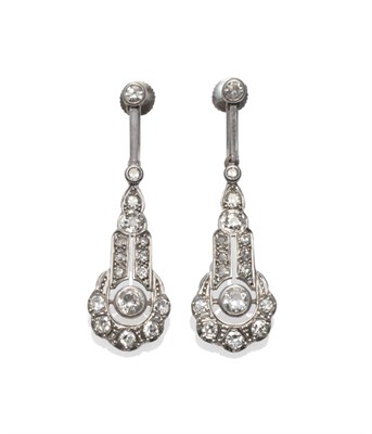 Lot 253 - A Pair of Art Deco Diamond Drop Earrings, round brilliant cut and eight-cut diamonds in white...