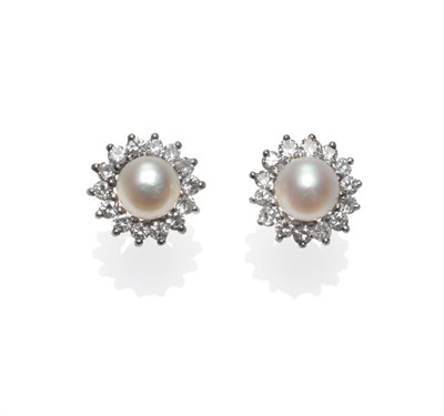 Lot 290 - A Pair of Cultured Pearl and Diamond Cluster Earrings, a cultured pearl within a border of...