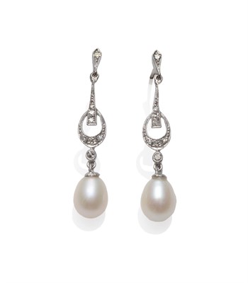 Lot 293 - A Pair of Diamond and Cultured Pearl Drop Earrings, the Art Deco style drops inset with...