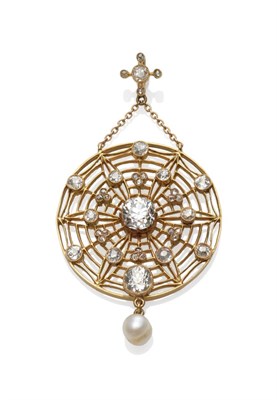 Lot 299 - An Early 20th Century Diamond and Pearl Pendant, an old cut diamond cluster suspends chains to...