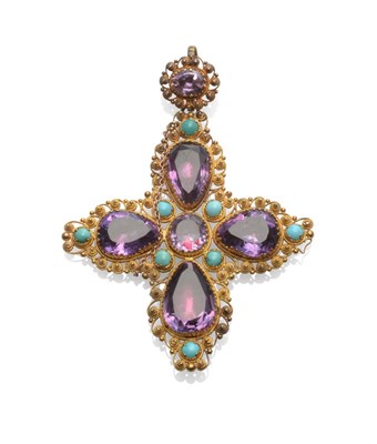 Lot 308 - An Amethyst and Turquoise Set Pendant, circa 1860, the foil backed amethysts and round cabochon...