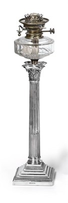 Lot 330 - An Edwardian Silver Oil Lamp, Walker & Hall, Sheffield 1904, the fluted column with a...