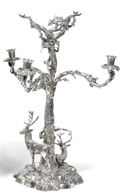 Lot 332 - A Victorian Silver Plated Centrepiece, Elkington & Co, 1873, naturalistically modelled as two stags