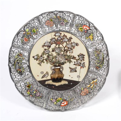 Lot 344 - A Japanese Silver, Enamel and Lacquer Dish, Meji Period, circa 1890, shaped circular, the...