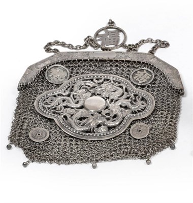 Lot 364 - A Chinese Export Silver Mesh Purse, Cum Wo, Hong Kong, circa 1880, the bridge engraved with...