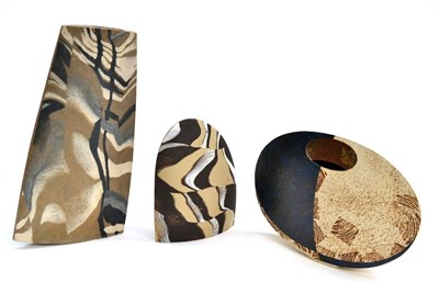 Lot 405 - Ben Arnup (b.1954): A Stoneware Sculpture Slab Vase, coarse marbled texture, painted Arnup, 44cm; A