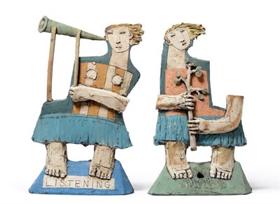 Lot 412 - Christy Keeney (Irish b.1958):  "LISTENING " A Painted Clay Slab Built Figurative Sculpture,...