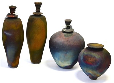 Lot 418 - A Raku Pottery Bottle and Stopper, copper matt glaze, indistinct seal mark, 44cm; and Three...