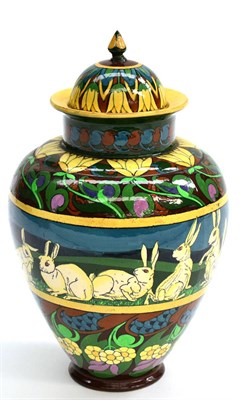 Lot 420 - A Wileman & Co Foley Intarsio Pottery White Rabbits Vase and Cover, circa 1900, designed by...