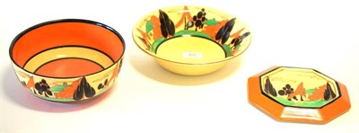 Lot 422 - A Clarice Cliff Fantasque Orange Trees and House (Alpine) Pattern Bowl, printed marks, 19.5cm...