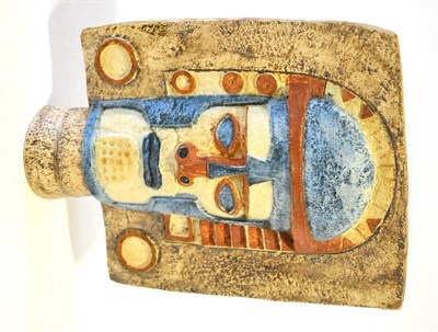 Lot 424 - A Newlyn Troika Aztec Mask, painted in shades of blue and mustard, painted TROIKA mark and...