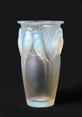 Lot 426 - A René Lalique Ceylan No.905 Opalescent and Frosted Glass Vase, of tapering cylindrical form...