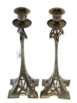 Lot 441 - A Pair of WMF (Wurttembergische MetallwarenFabrik) Jugendstil Silver Plated Candlesticks, circa...