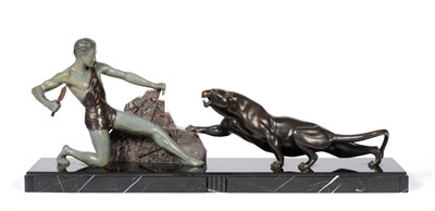 Lot 450 - Brault (German): An Art Deco Patinated Bronze Study of a Male Hunter and Panther, circa 1925,...