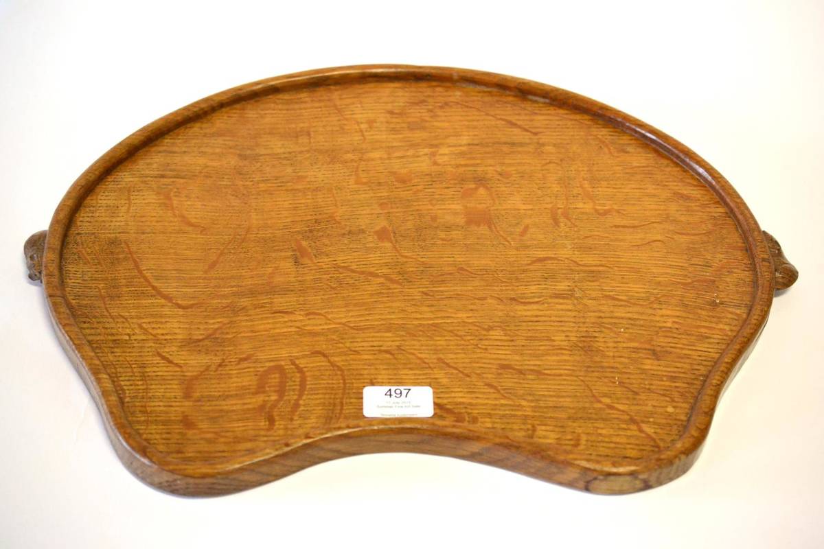 Lot 497 - A Robert  "Mouseman " Thompson Oak Kidney Shaped Tea Tray, with two carved mice handles, 46cm