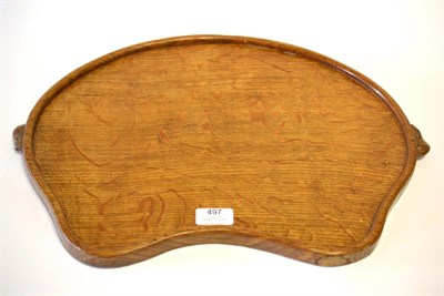 Lot 497 - A Robert  "Mouseman " Thompson Oak Kidney Shaped Tea Tray, with two carved mice handles, 46cm