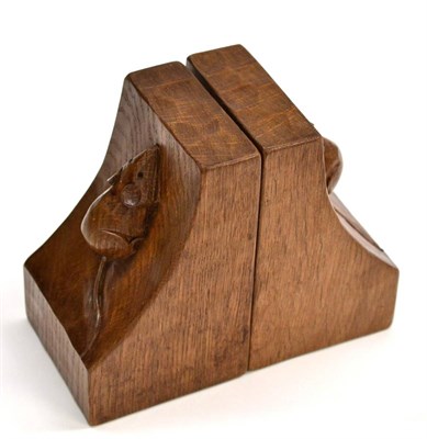 Lot 509 - A Pair of Robert  "Mouseman " Thompson Oak Single Mouse Bookends, each with carved mouse signature