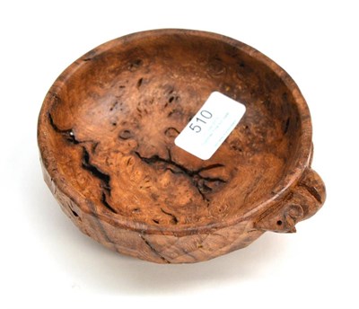 Lot 510 - A Modern Robert  "Mouseman " Thompson Burr Oak Nut Bowl, with carved mouse signature to the...