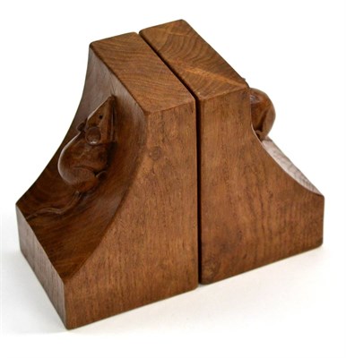 Lot 514 - A Pair of Robert  "Mouseman " Thompson Oak Single Mouse Bookends, each with carved mouse signature