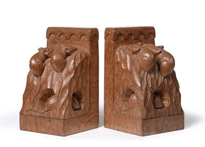 Lot 531 - A Pair of Robert  "Mouseman " Thompson Triple Mice Bookends, each end carved with three mice,...