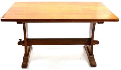 Lot 563 - A Bob  "Wrenman " Hunter Oak Refectory Table, on two shaped supports joined by a stretcher,...