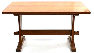 Lot 564 - A Bob  "Wrenman " Hunter Oak Refectory Table, on two shaped supports joined by a stretcher,...