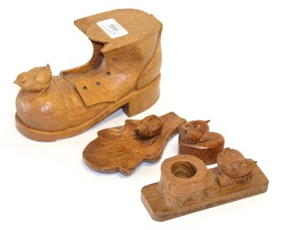 Lot 566 - A Bob  "Wrenman " Hunter Carved Oak Boot, with carved wren signature, 18cm long; and Three...