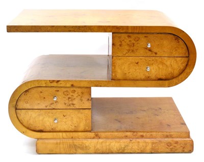 Lot 581 - An Art Deco Style Bird's Eye Maple S Shaped Centre Table/Sideboard, each curve fitted with two...