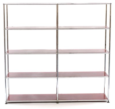 Lot 603 - Three 1980's Red Lacquer and Chrome Open Shelf Units, unmarked, largest 152cm wide, 38cm deep,...