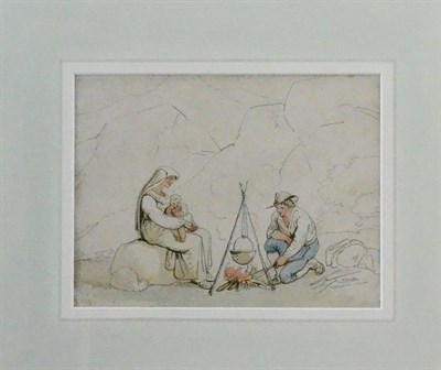 Lot 608 - Bartolomeo Pinelli (1771-1835) Italian  Figures around a campfire Pencil and wash, 15.5cm by 20.5cm