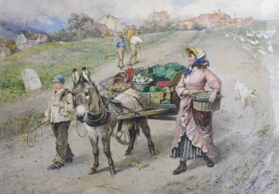 Lot 613 - Edgar Bundy ARA, RI, RBA (1862-1922) A donkey drawn fruit and vegetable cart with figures on a...