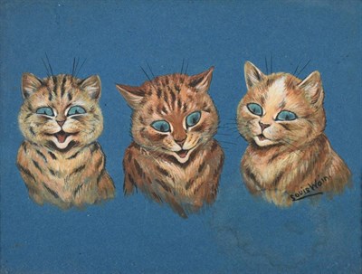 Lot 617 - Louis Wain (1860-1939)  Three head studies of cats  Signed, gouache, 17.5cm by 24cm