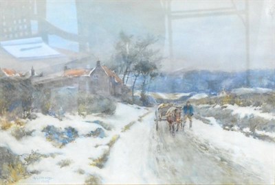 Lot 619 - Albert George Stevens (1863-1925)  A figure with a horse and cart on a country lane in snow...