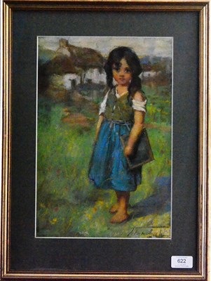 Lot 622 - Jessie M McGeehan (1872-1950) Scottish  A young girl with a satchel before crofters cottages...