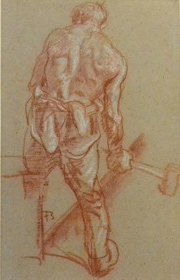 Lot 626 - Frank Brangwyn RA, RWS, RBA (1867-1956)  "Study of a Blacksmith "  Initialled, red conte crayon and