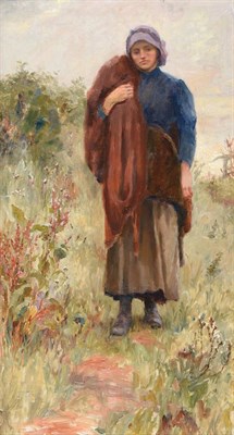 Lot 637 - Isabella (Isa) Jobling (1850-1926)  Fisher girl standing on headland  Oil on canvas, 71.5cm by...