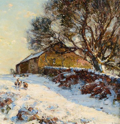 Lot 640 - Herbert F Royle (1870-1958)  Sheep and farm buildings in the snow Signed, oil on board, 43.5cm...