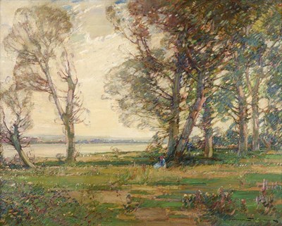 Lot 642 - Kershaw Schofield (1875-1941) Figures in an extensive landscape on a breezy day Signed, oil on...