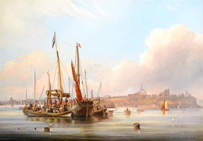 Lot 648 - John Scott (fl.1844-1866)  Moored fishing vessels and figures in Tynemouth harbour Signed and dated