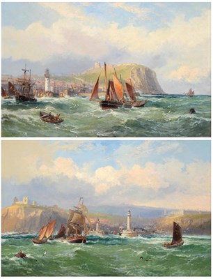 Lot 649 - Robert Ernest Roe (fl.1860-1921)  "Off Scarborough "   "Off Whitby "  Signed, oil on canvas,...