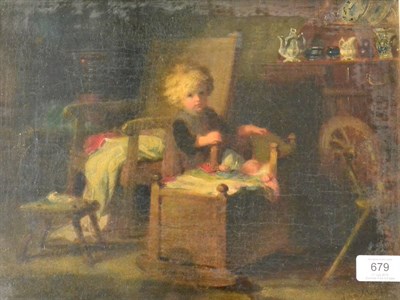 Lot 679 - John Morgan RBA (1823-1886) Interior scene with a young child beside a baby's cot Signed, oil...