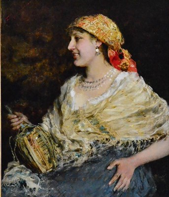 Lot 688 - Federico Andreotti (1847-1930) Italian Portrait of a gypsy woman, head and shoulders, holding a...