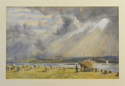 Lot 733 - Frederick (Fred) Cecil Jones RBA (1891-1966)  "Lancaster " Haymaking before the River Lune with...