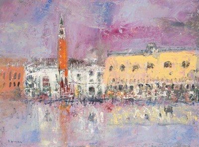 Lot 757 - Nael Hanna (b.1959) A view of Venice from the lagoon, including the Campanile bell tower...