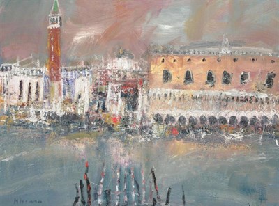 Lot 758 - Nael Hanna (b.1959) A view of Venice from the lagoon with gondola posts in the foreground...