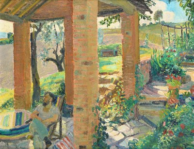 Lot 771 - Frederick Gore CBE, RA (1913-2009) Self portrait of the artist sitting under a terrace looking...