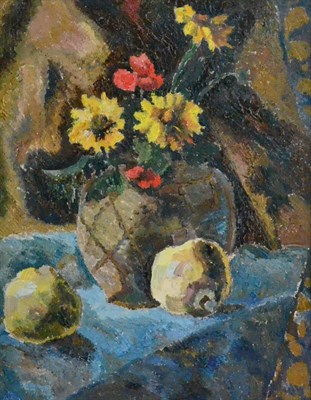 Lot 775 - Leonora Carrington OBE (1917-2011) Still life of summer flowers in a brown vase and apples on a...