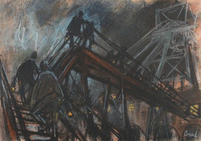 Lot 780 - Norman Stansfield Cornish (1919-2014)  Miners with lanterns climbing the pit gantry steps...