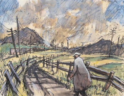 Lot 781 - Norman Stansfield Cornish (1919-2014)  Lone figure walking along a pit road with the colliery...